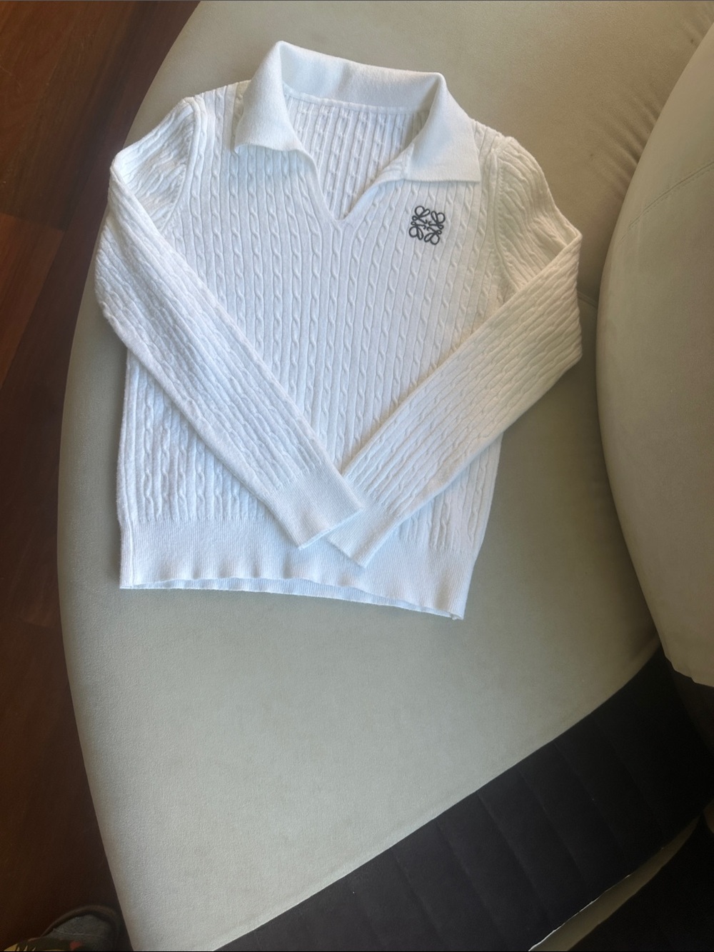 Women’s White Cable-Knit V-Neck Sweater with Polo Collar